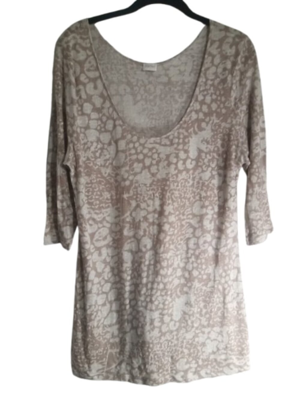 Poetry Womens Top Sz UK 18 100% Linen Beige Tan Abstract Pattern 3/4 Sleeves